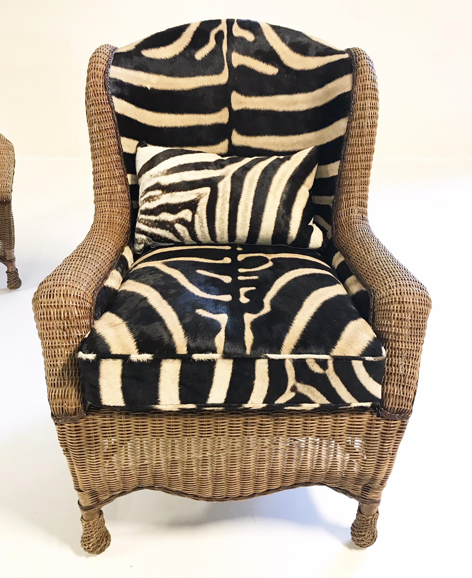 Vintage Ralph Lauren Wicker Wingback Chairs Restored in Zebra Hide, Pair In Excellent Condition In SAINT LOUIS, MO