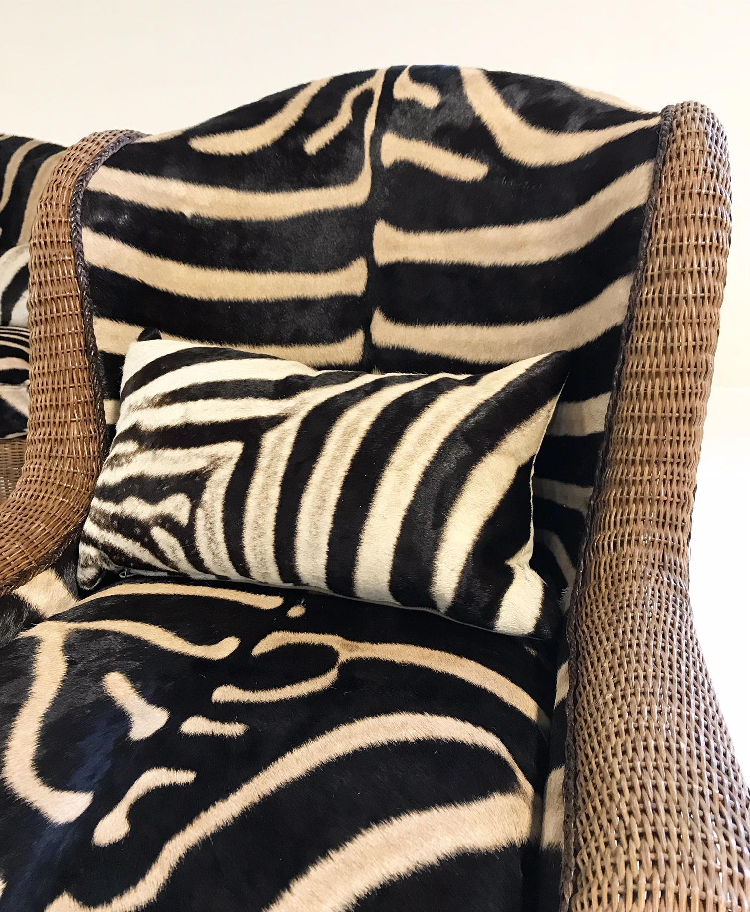 20th Century Vintage Ralph Lauren Wicker Wingback Chairs Restored in Zebra Hide, Pair