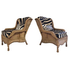 Vintage Ralph Lauren Wicker Wingback Chairs Restored in Zebra Hide, Pair