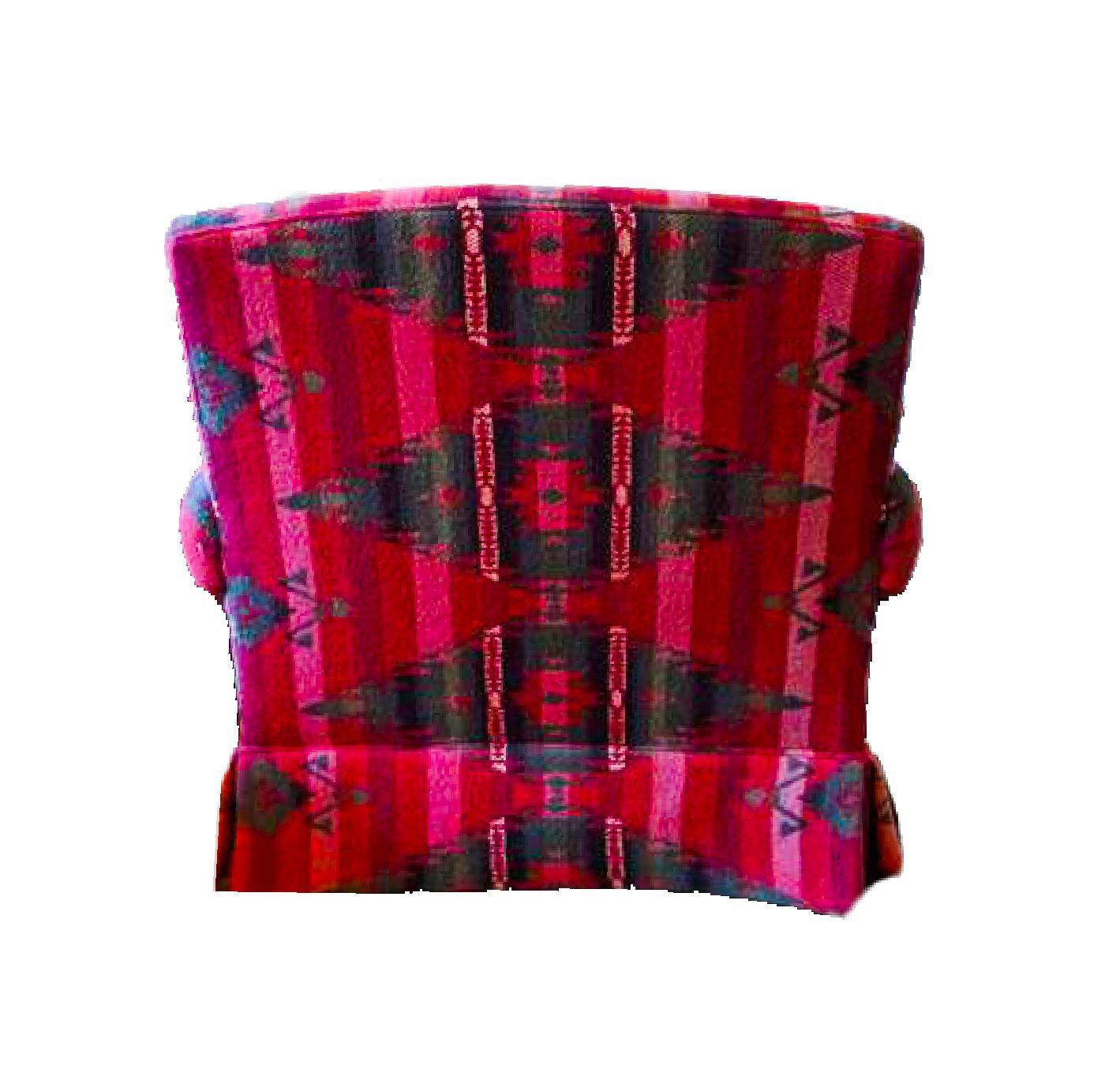 Stunning vintage Ralph Lauren custom Ganado Navajo deep red wool and cashmere blend skirted armchair and crescent ottoman. Ganado Arizona is home to Navajo weaving style 
