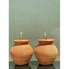 Vintage Ralph Lauren Woven Rattan Table Lamps - A Pair