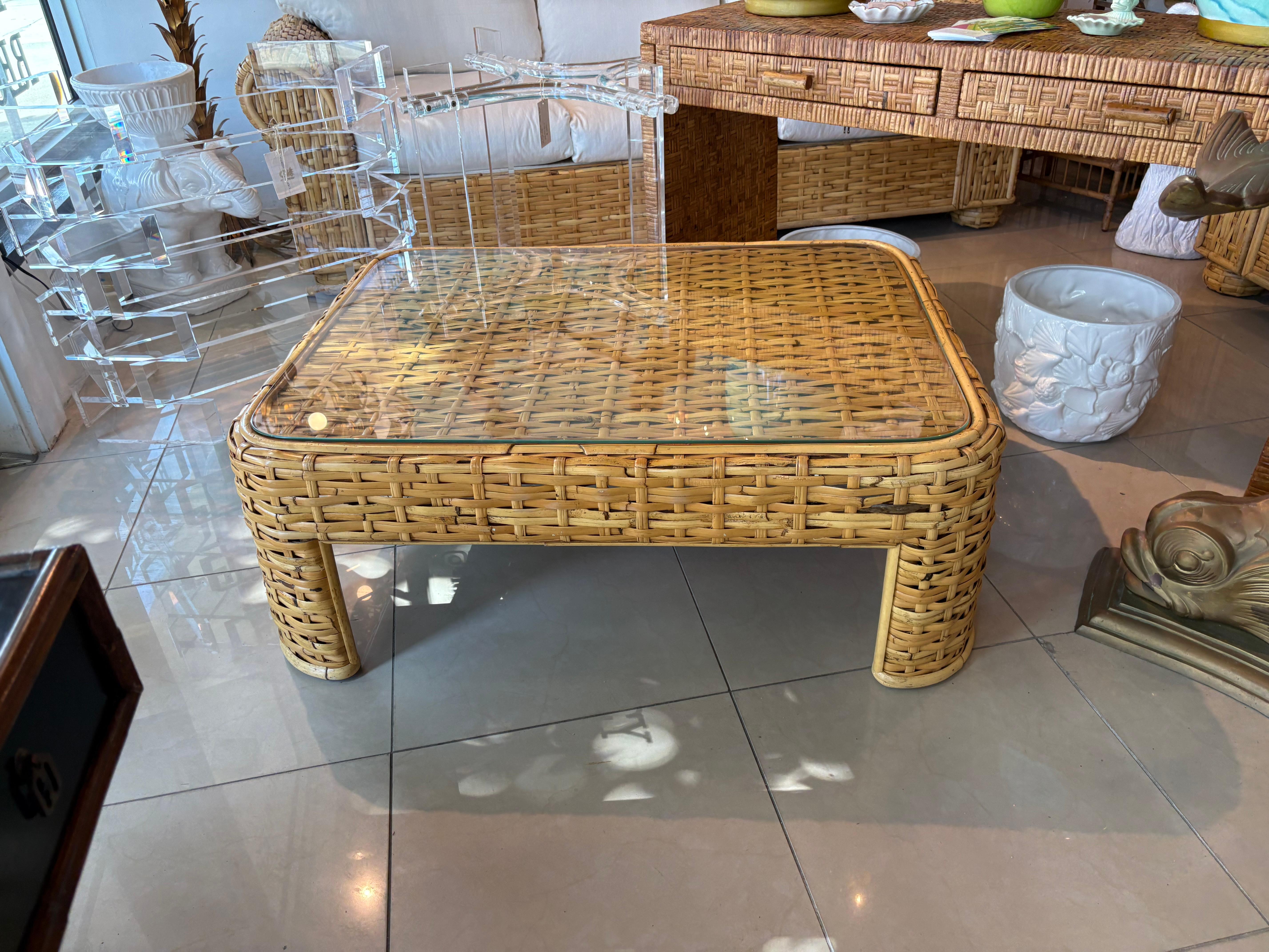 Vintage Ralph Lauren Geflochtene Rattan Weide Bambus Kaffee Cocktail Tisch Coastal im Angebot 11