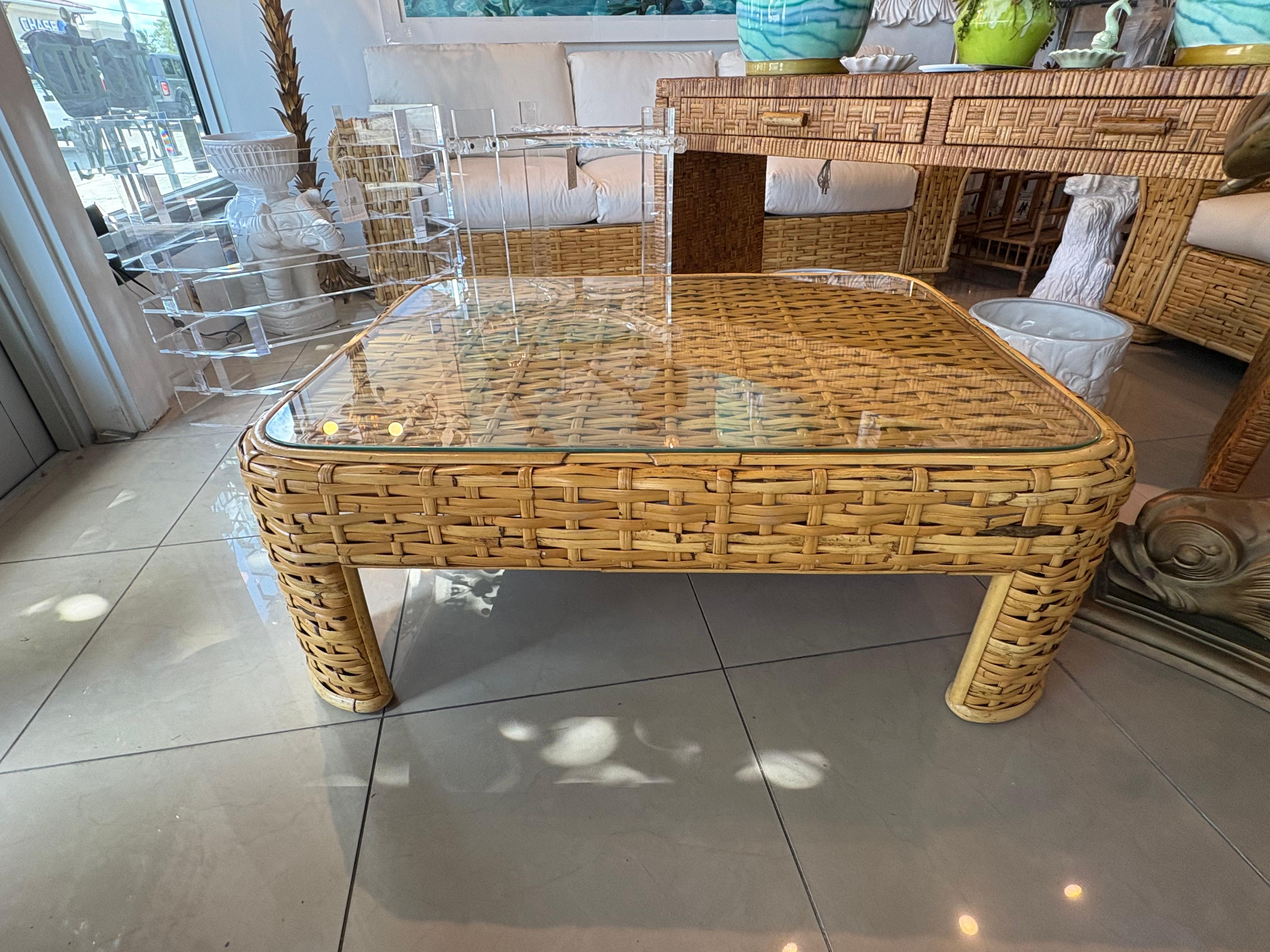 Vintage Ralph Lauren Geflochtene Rattan Weide Bambus Kaffee Cocktail Tisch Coastal (Organische Moderne) im Angebot