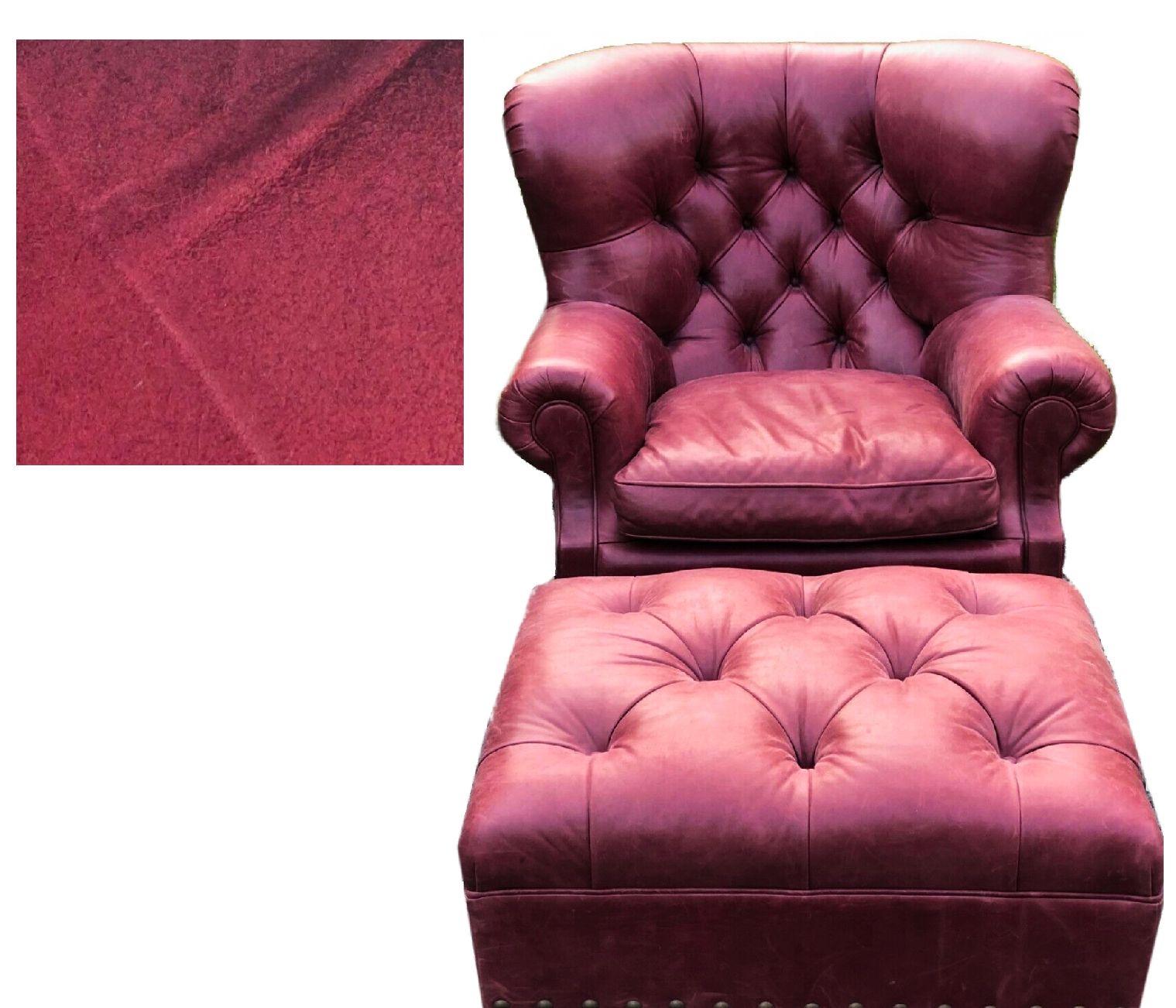 Vintage Ralph Lauren writer's red leather wingback armchair and ottoman set. This iconic Ralph Lauren winged club chair with bold nailhead trim has a Classic tufted back and bun feet. It is as much a Classic sculptural statement piece as it is a