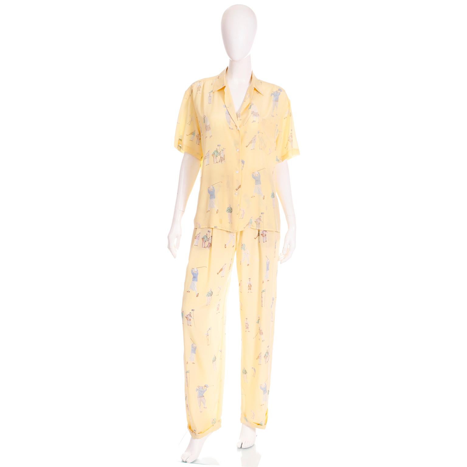 Vintage Ralph Lauren Yellow Silk Golf Print 2 pc Pant suit w Trousers and Blouse 6