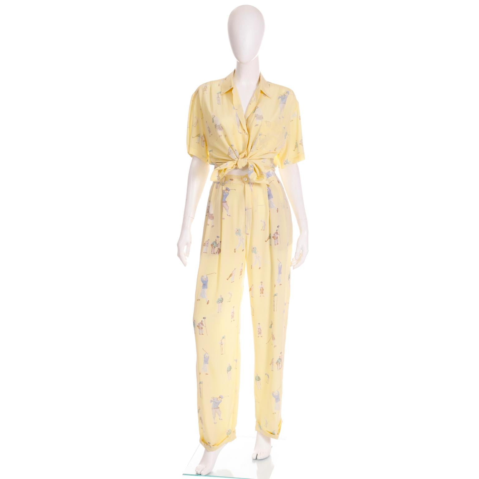 Vintage Ralph Lauren Yellow Silk Golf Print 2 pc Pant suit w Trousers and Blouse In Excellent Condition In Portland, OR