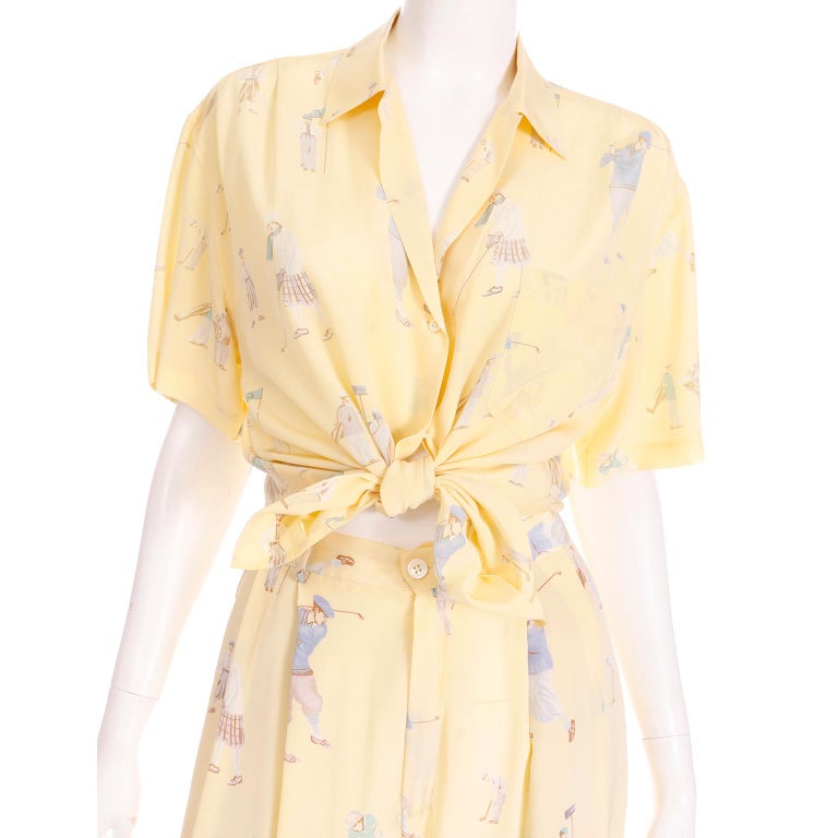 Vintage Ralph Lauren Yellow Silk Golf Print 2 pc Pant suit w Trousers and  Blouse For Sale at 1stDibs