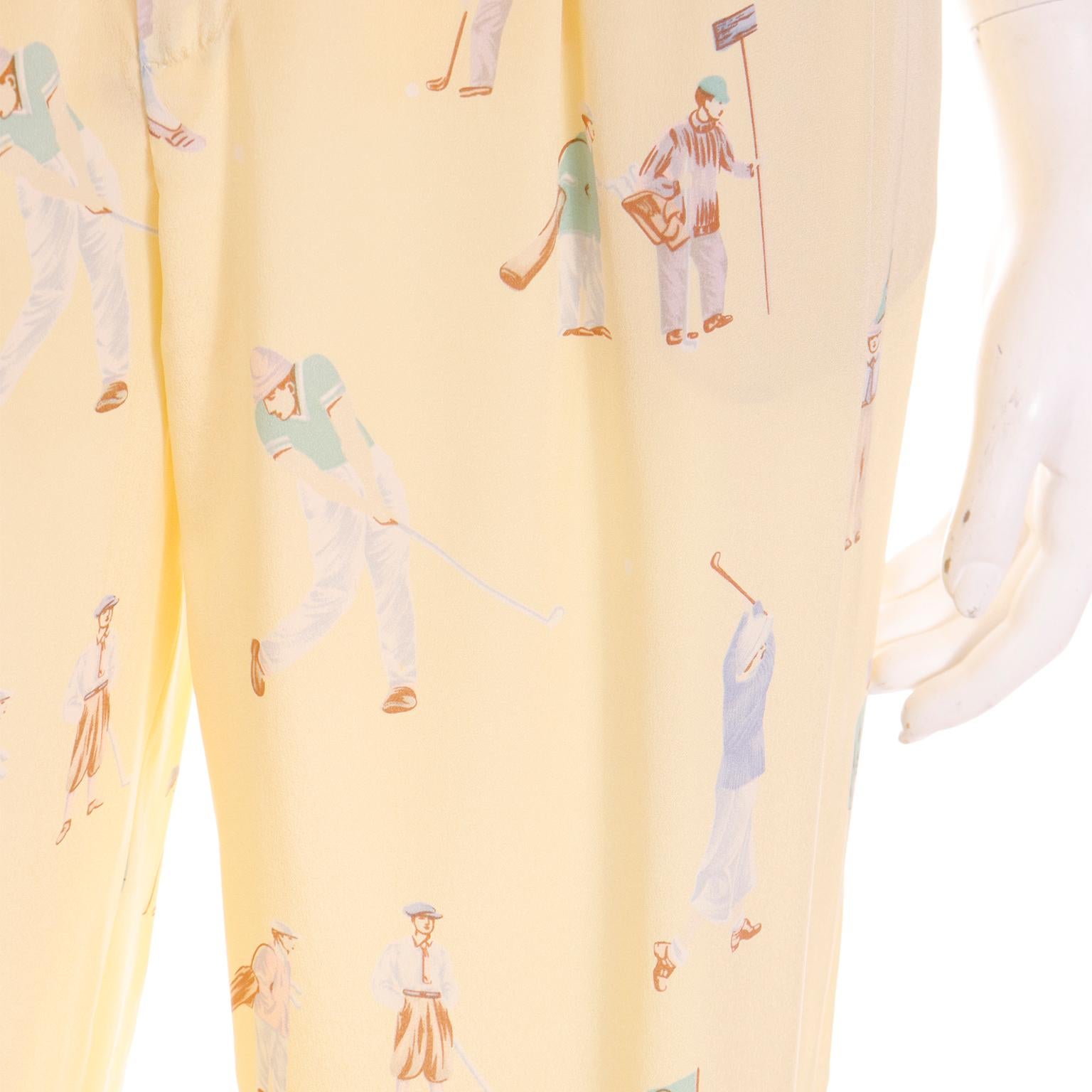 Vintage Ralph Lauren Yellow Silk Golf Print 2 pc Pant suit w Trousers and Blouse 2