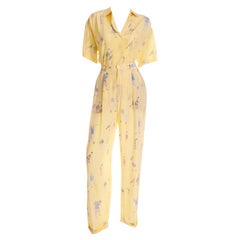 Vintage Ralph Lauren Yellow Silk Golf Print 2 pc Pant suit w Trousers and Blouse