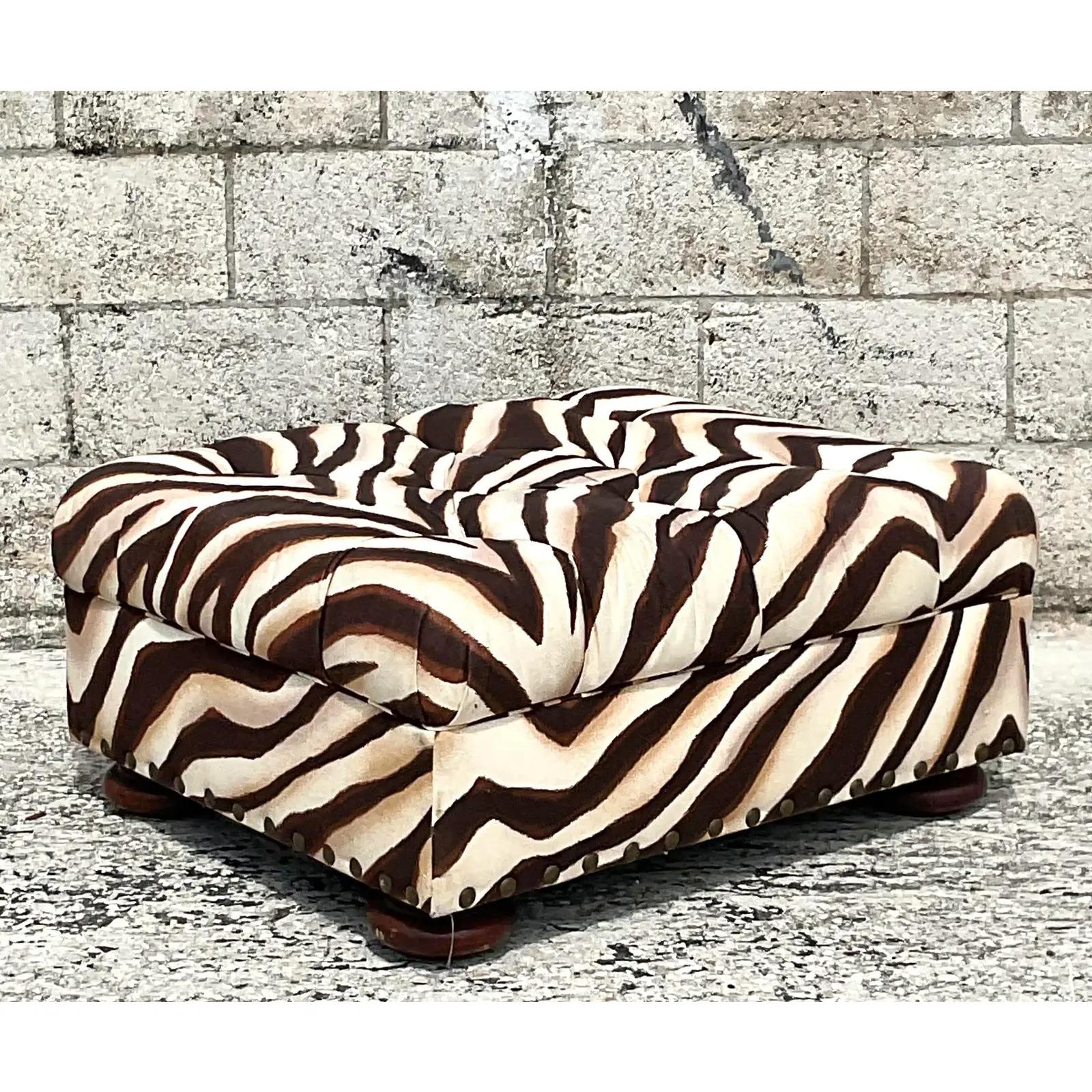 North American Vintage Ralph Lauren Zebra Print Tufted Ottoman