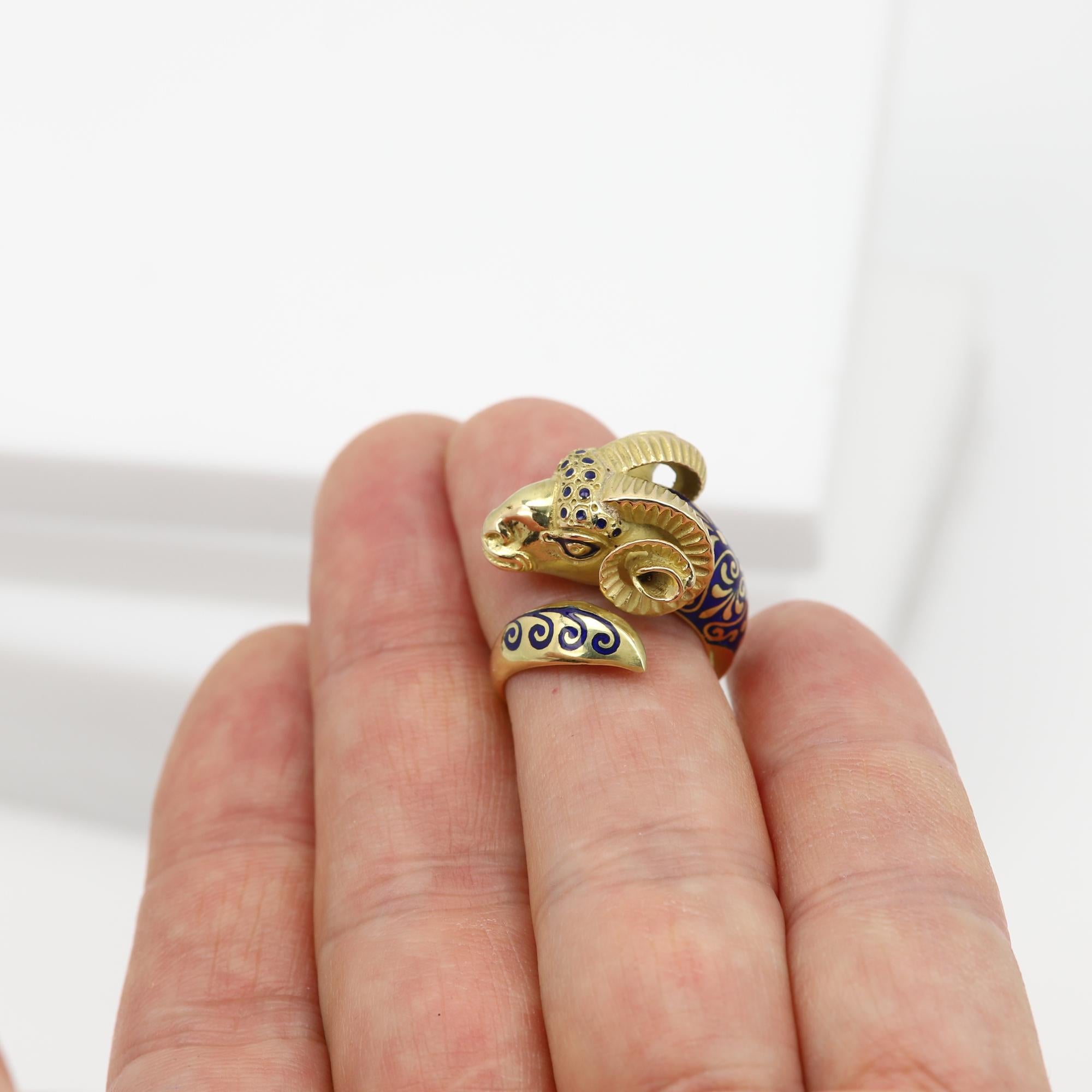 Vintage Ram Enamel Ring 18 Karat Yellow Gold Ram For Sale 6