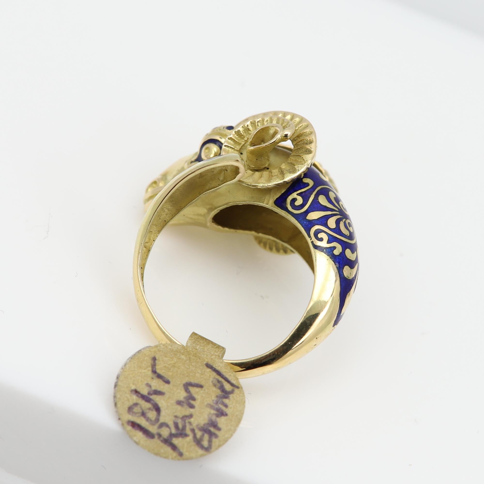 Vintage Ram Enamel Ring 18 Karat Yellow Gold Ram For Sale 8