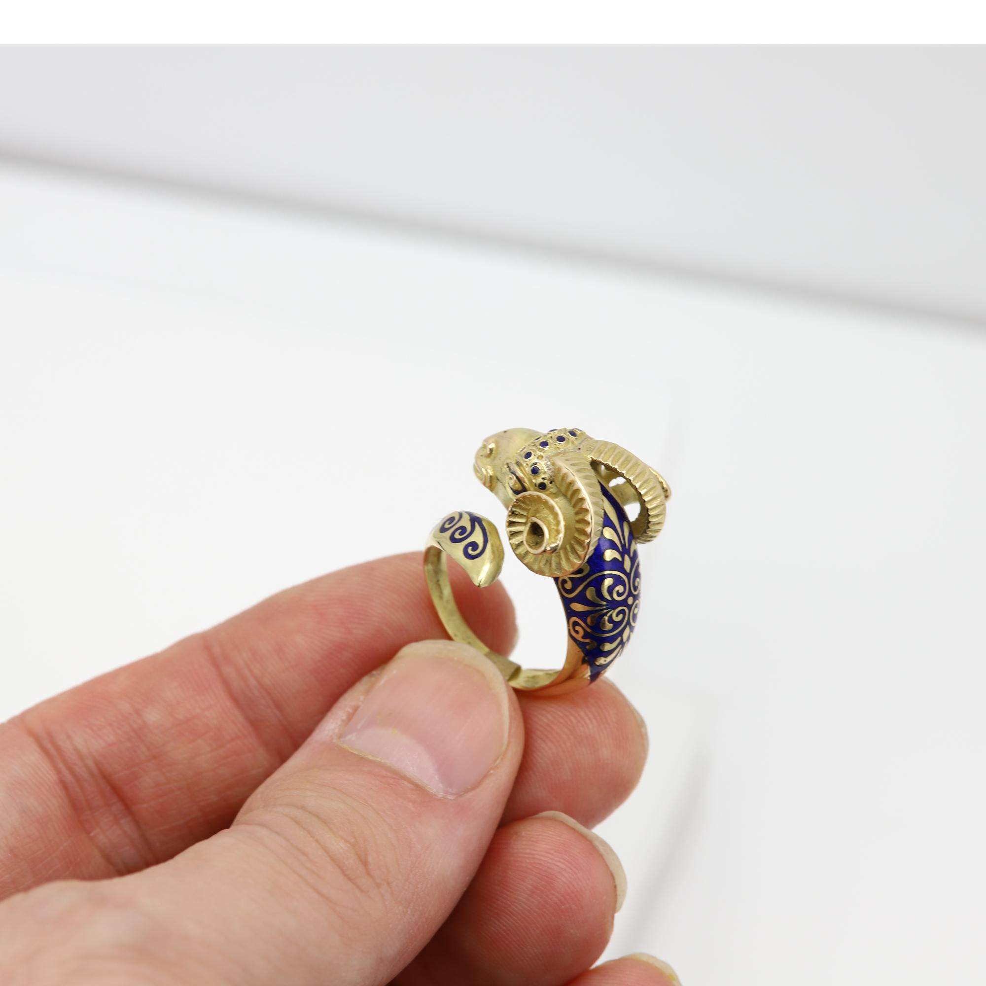Vintage Ram Enamel Ring 18 Karat Yellow Gold Ram For Sale 9