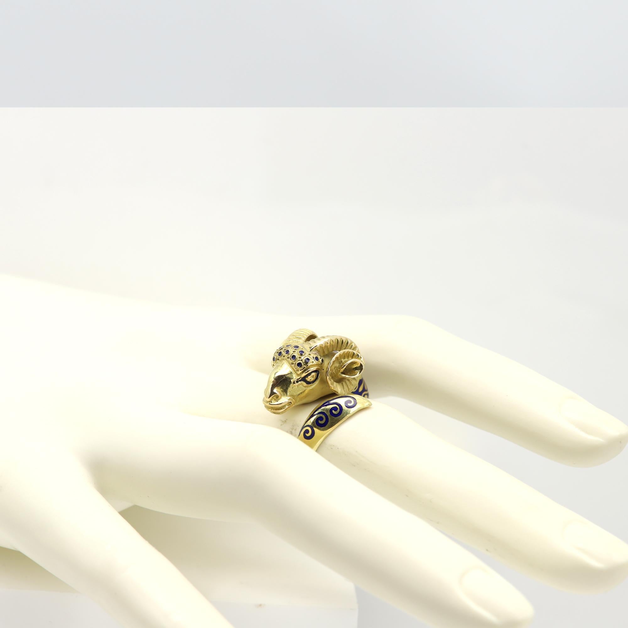 Vintage Ram Ring
Unique 3D Ram Design with blue Enamel
18K Yellow Gold approx 8.7gr
Finger size 6.5-7 ( a bit flexible)
Pre-Owned in excellent condition
(#bjn1800_1995091)