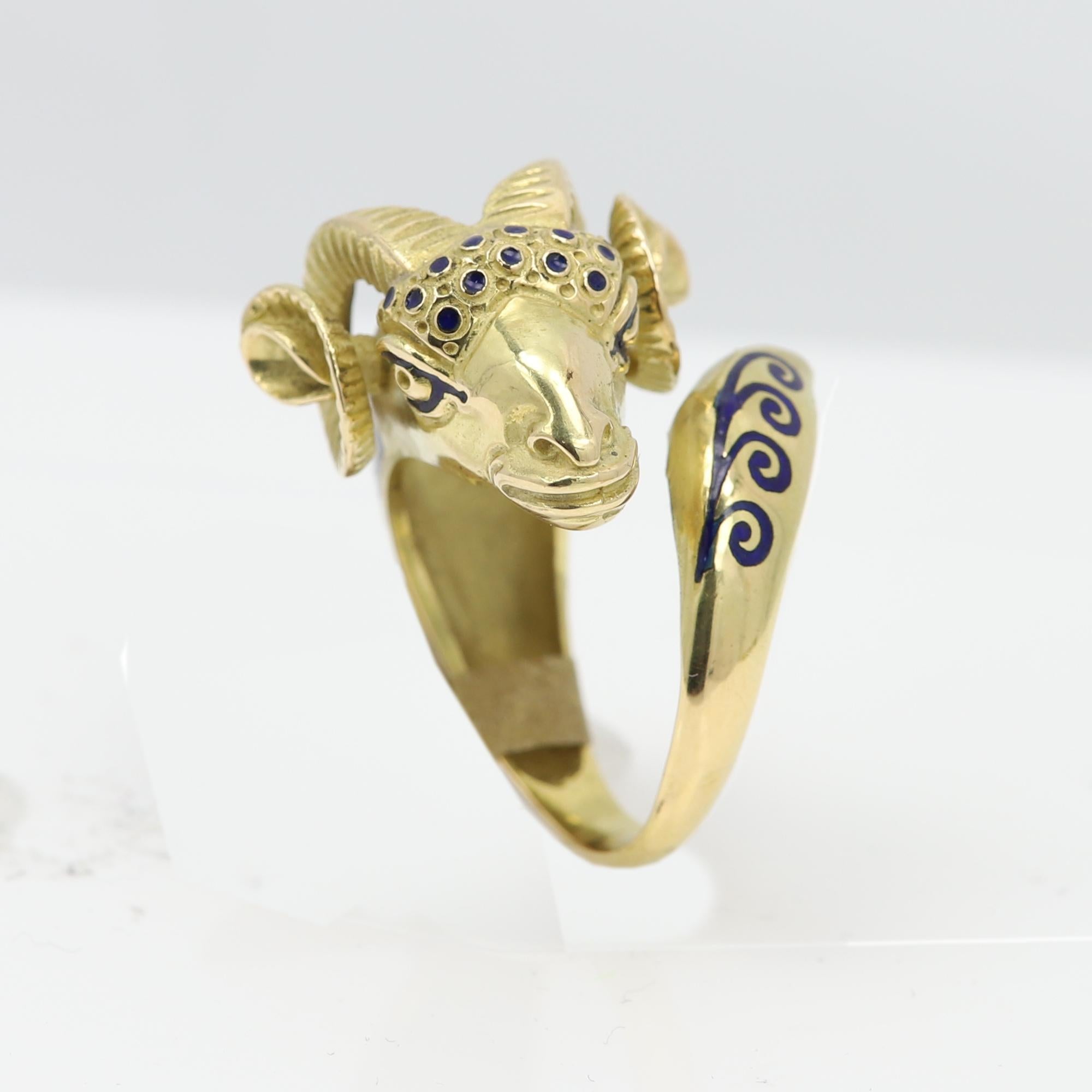 Women's or Men's Vintage Ram Enamel Ring 18 Karat Yellow Gold Ram For Sale