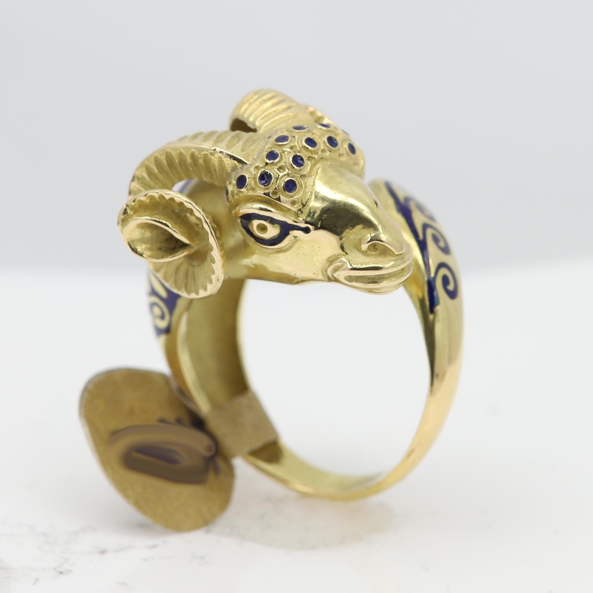Vintage Ram Enamel Ring 18 Karat Yellow Gold Ram For Sale 1
