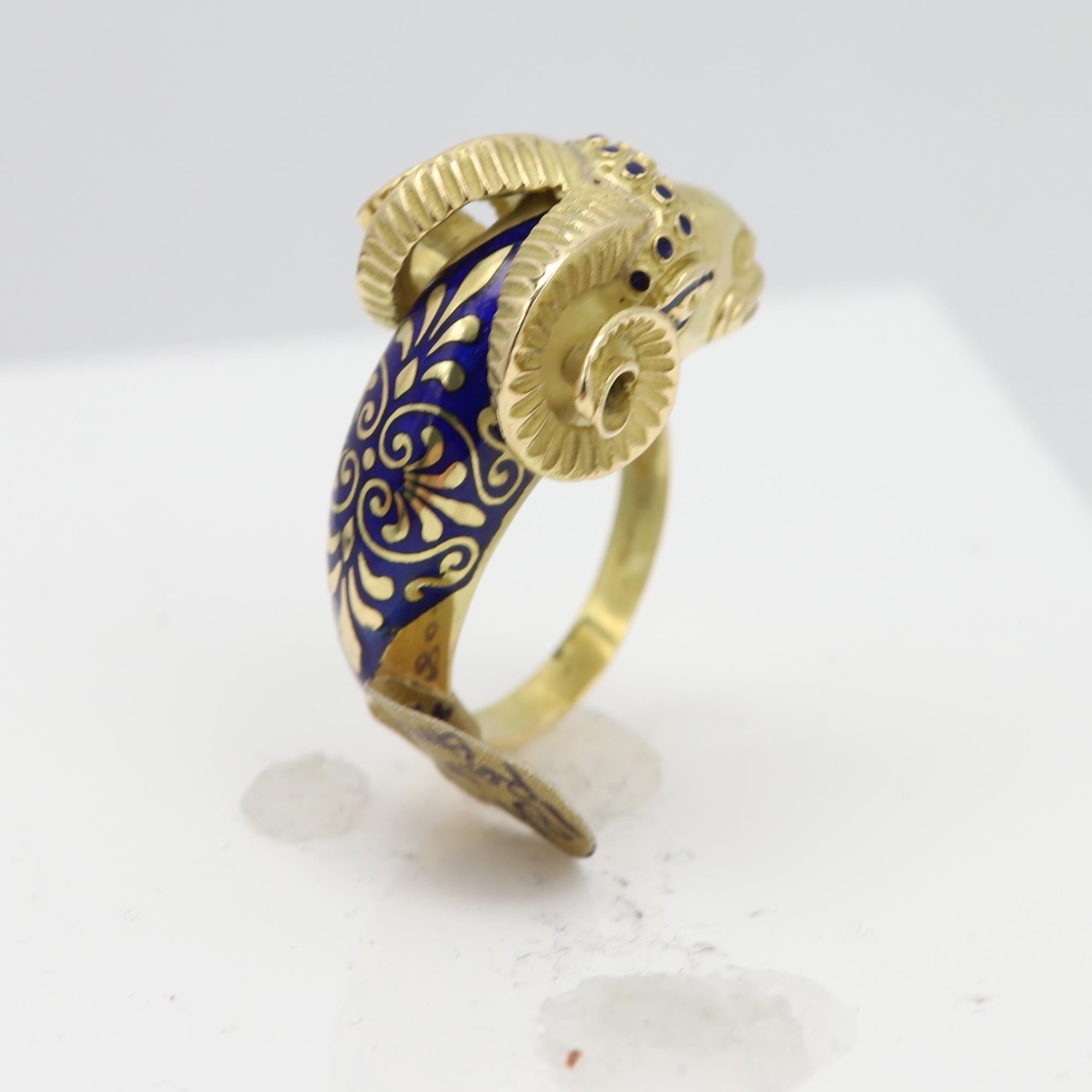 Vintage Ram Enamel Ring 18 Karat Yellow Gold Ram For Sale 2