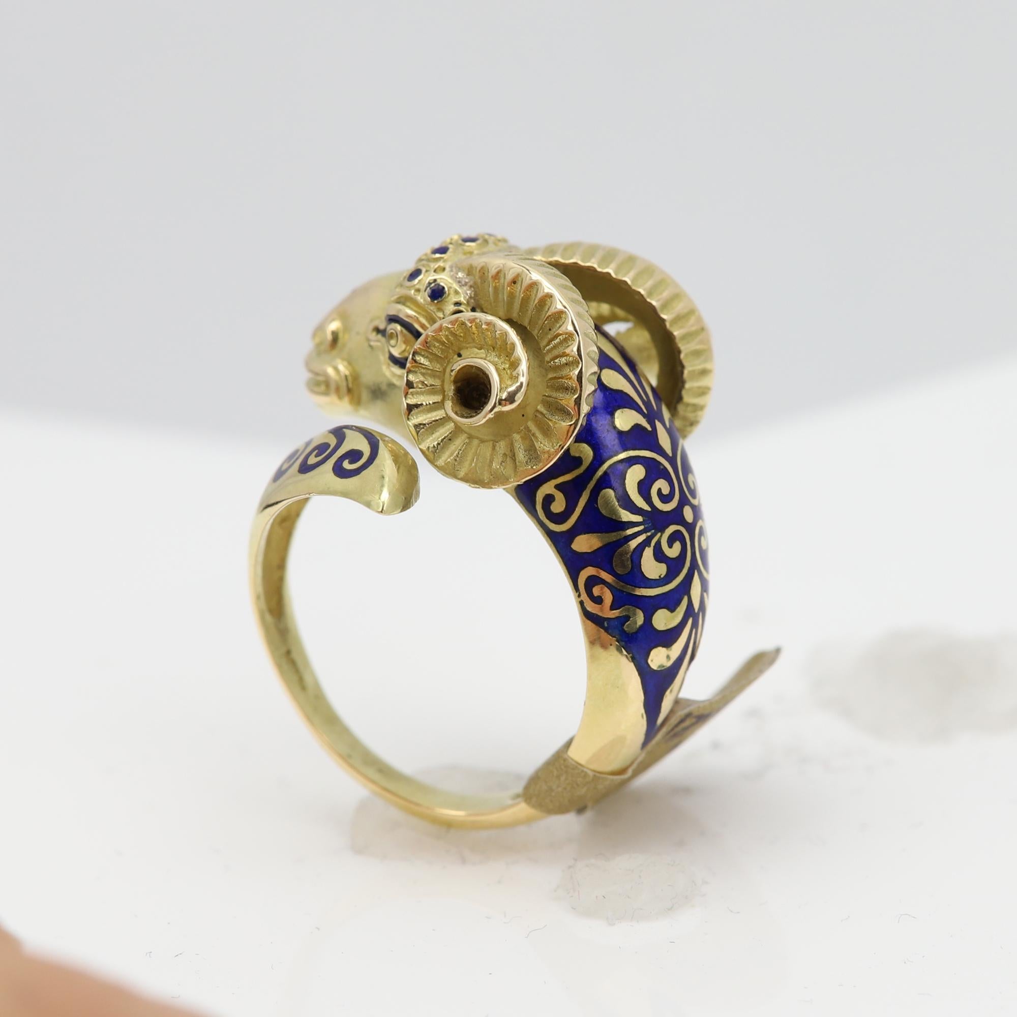 Vintage Ram Enamel Ring 18 Karat Yellow Gold Ram For Sale 3