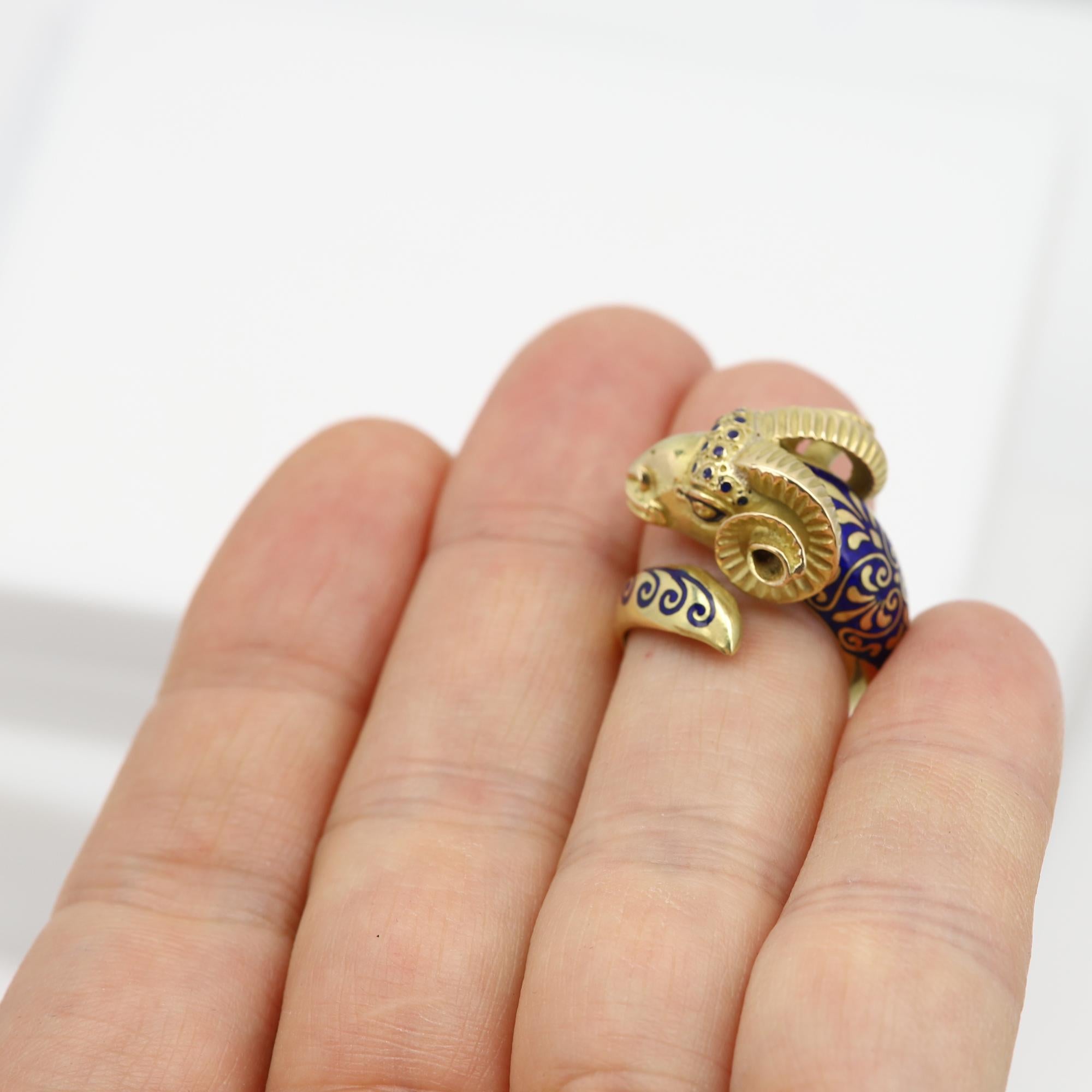 Vintage Ram Enamel Ring 18 Karat Yellow Gold Ram For Sale 5