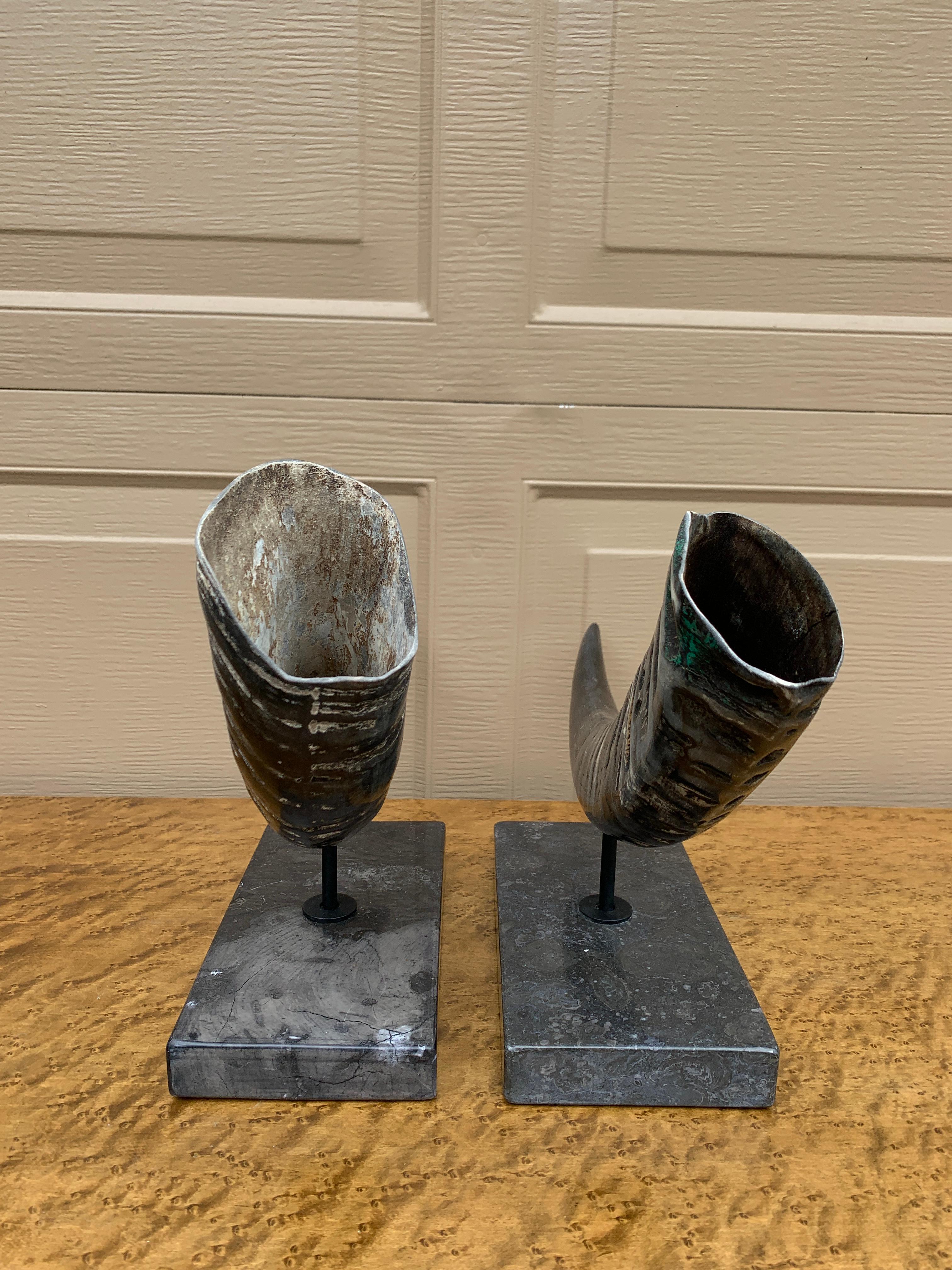 Corni d'ariete d'epoca su supporti di marmo nero, coppia in vendita 3