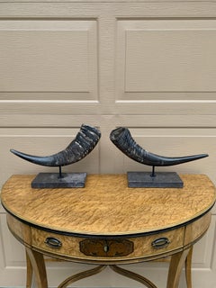 Vintage Ram Horns on Black Marble Stands, Pair