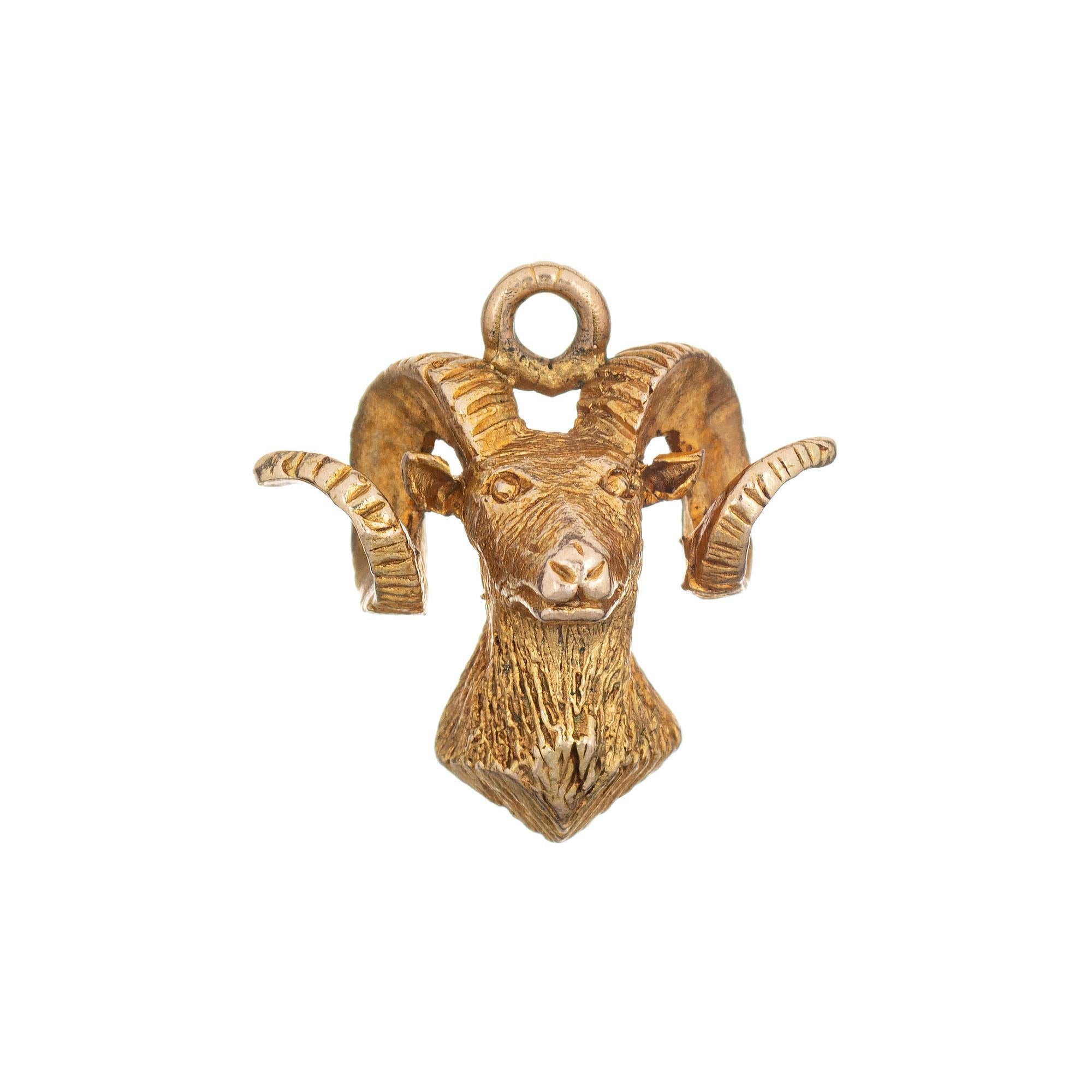 Modern Vintage Ram's Head Charm 9k Yellow Gold Animal Pendant Aries Zodiac Jewelry