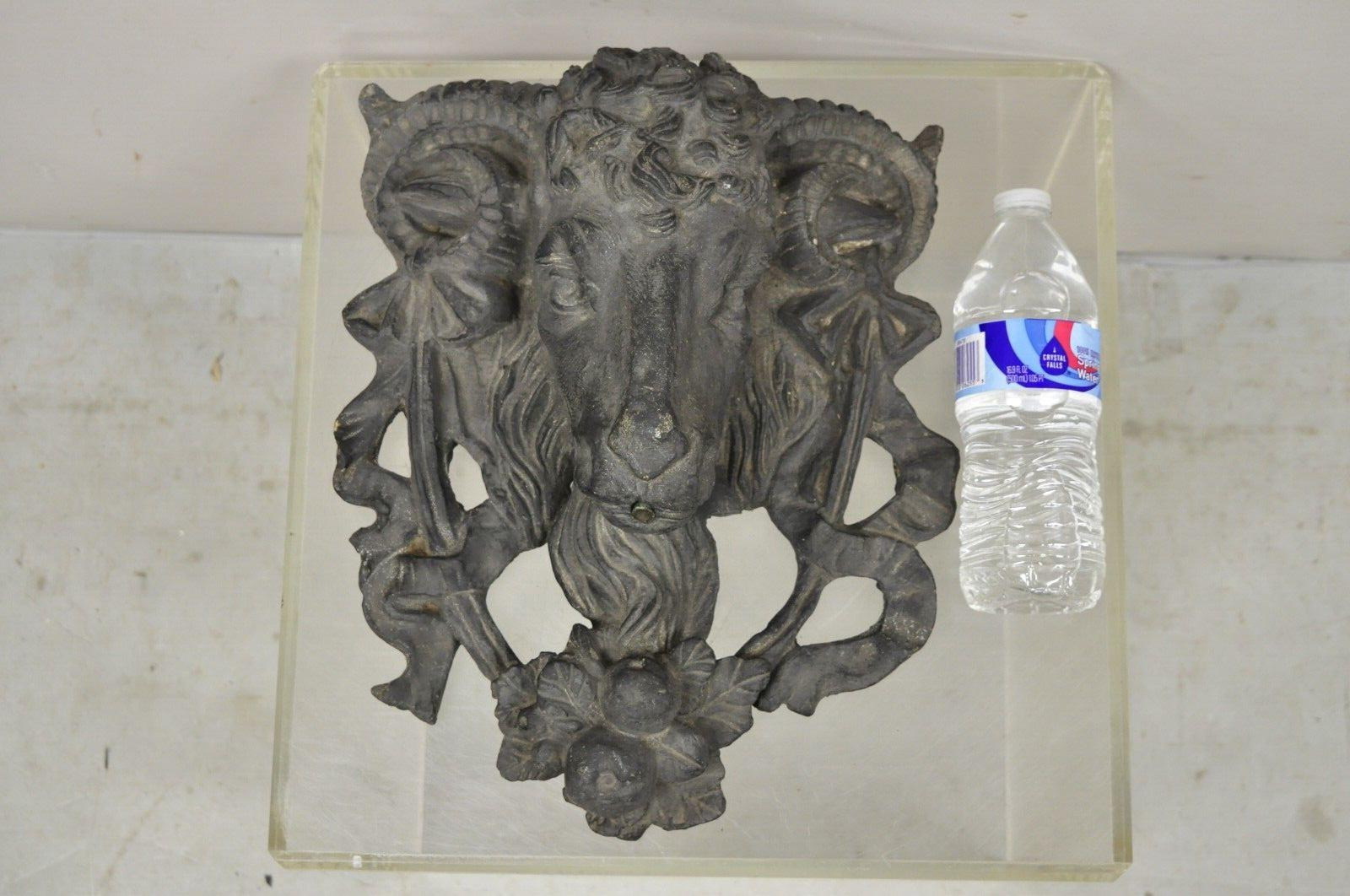 Vintage Rams Head Neoclassical Style Garden Water Fountain Sculpture. Item features Cast ceramic construction, distressed finish, very nice vintage item, great style and form. Circa Mid to Late 20th Century. Measurements: 15