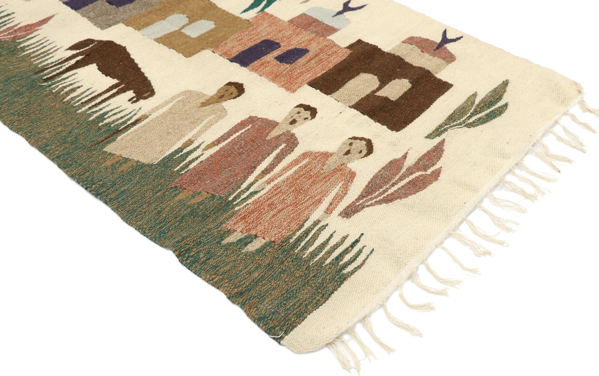 77599 Vintage Ramses Wissa Wassef Egyptian wool tapestry. Reminiscences of an exotic journey and Folk Art charm, this hand-woven wool vintage Egyptian kilim tapestry is a captivating vision of woven beauty. The abrashed beige field depicts a village