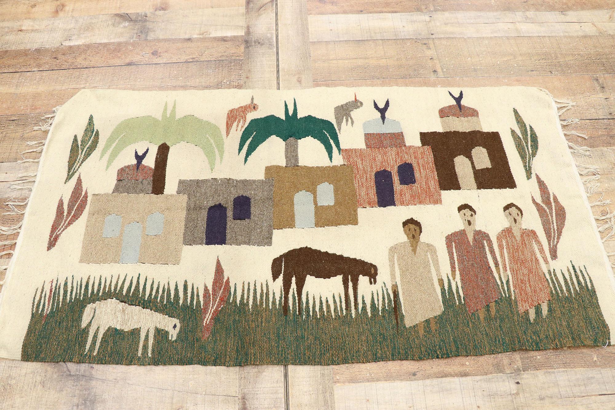 Vintage Ramses Wissa Wassef Egyptian Wool Tapestry with Tropical Folk Art Style In Distressed Condition In Dallas, TX