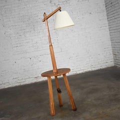 Vintage Ranch Oak Adjustable Arm Floor Lamp Tri Leg Base with Table by A. Brandt