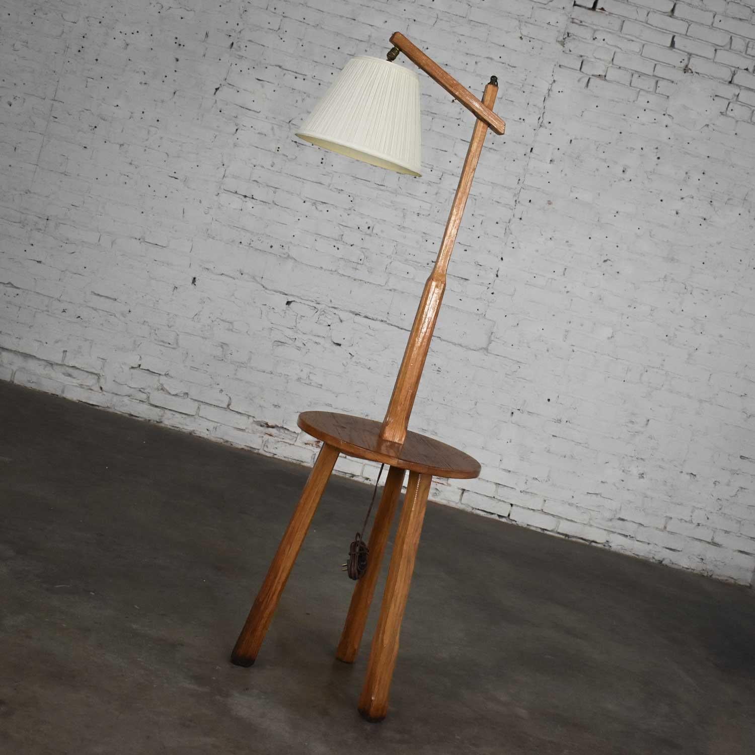 Rustic Vintage Ranch Oak Adjustable Arm Floor Lamp Tri Leg Base with Table by A. Brandt