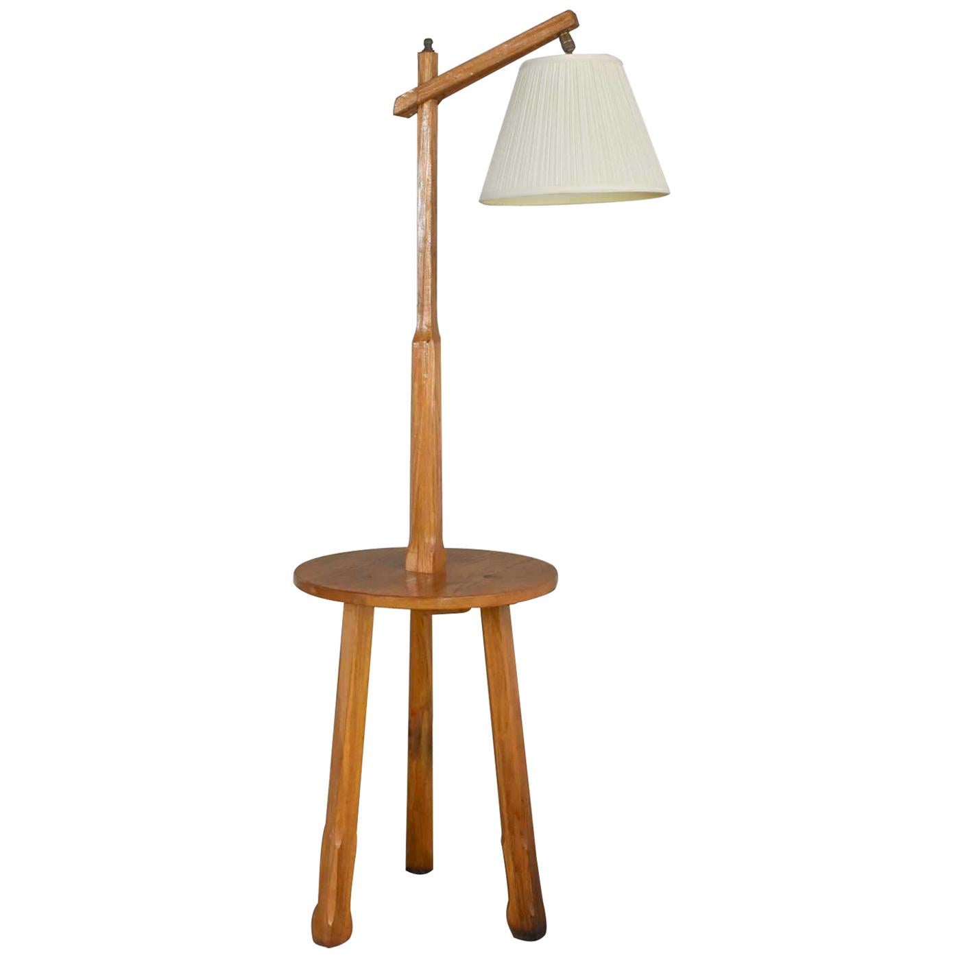 Vintage Ranch Oak Adjustable Arm Floor Lamp Tri Leg Base with Table by A.  Brandt at 1stDibs