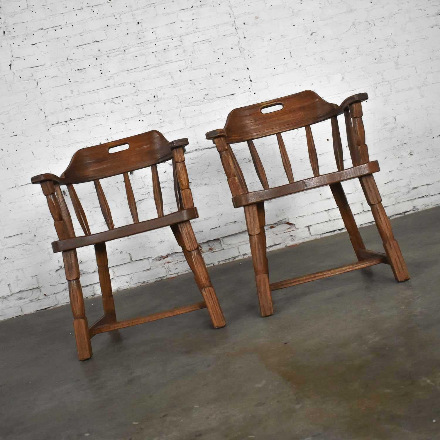 Vintage Ranch Oak Captains Armchairs by A. Brandt Acorn Brown Finish a Pair For Sale 1