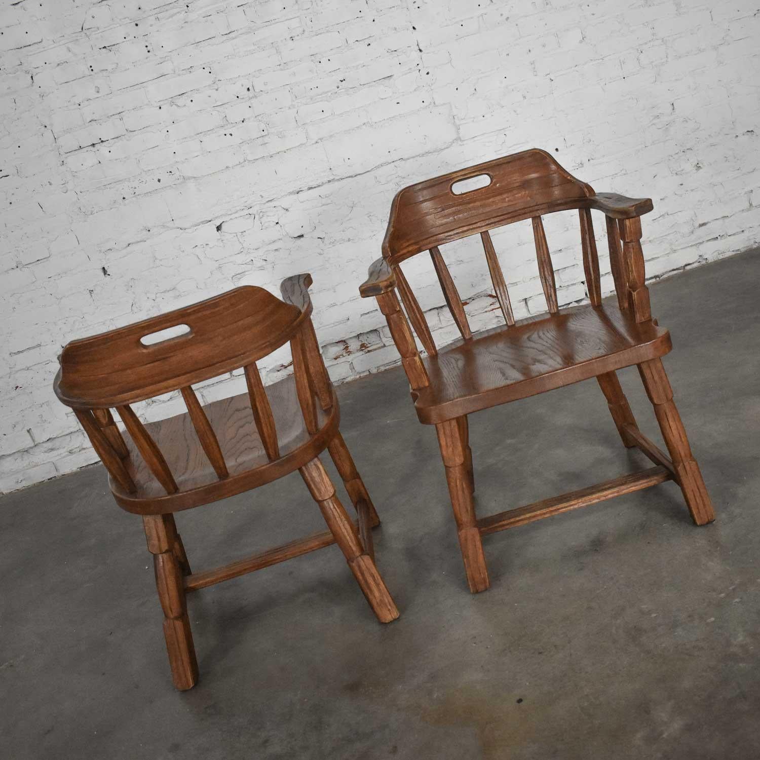 Rustic Vintage Ranch Oak Captains Armchairs by A. Brandt Acorn Brown Finish a Pair For Sale