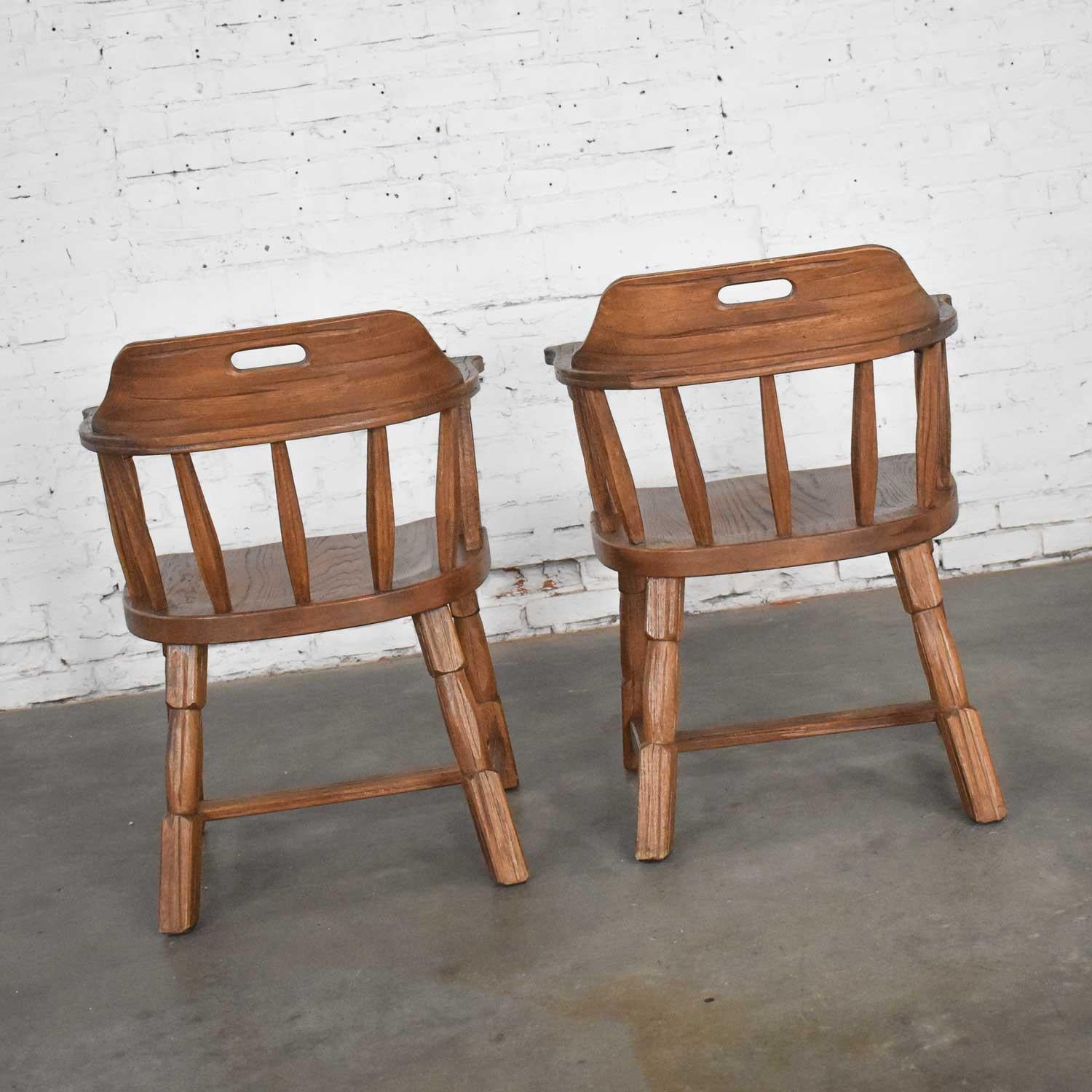 Vintage Ranch Oak Captains Armchairs by A. Brandt Acorn Brown Finish a Pair In Good Condition In Topeka, KS
