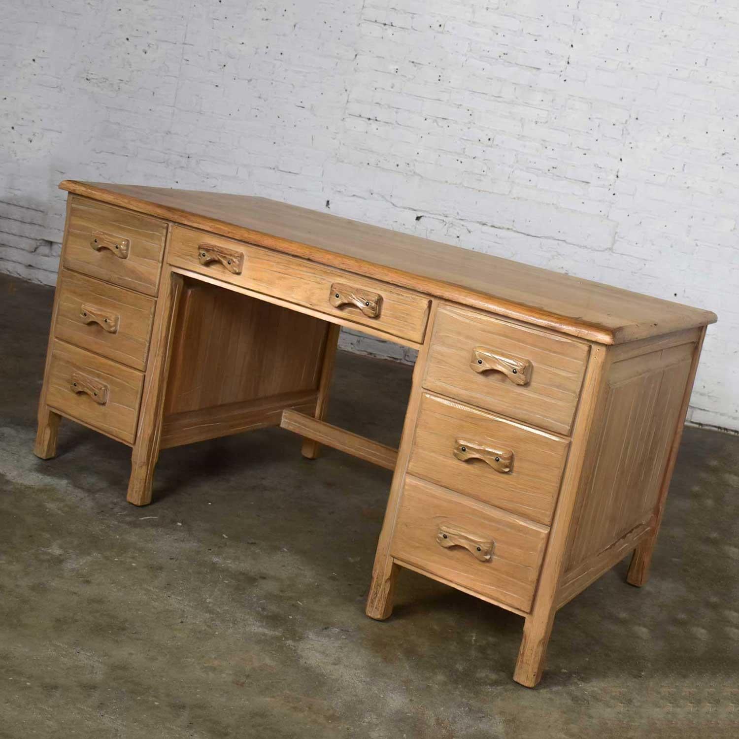 Fabulous desk by A. Brandt Company comprised of solid ranch oak with honey oak finish. Beautiful original vintage condition. It has been cleaned and touched up and any worn spots are noted in photos. Only normal wear for age. The top does have more