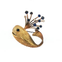 Vintage Rare 18K E. Pearl Whale Brooch with Sapphire and Diamond Spout