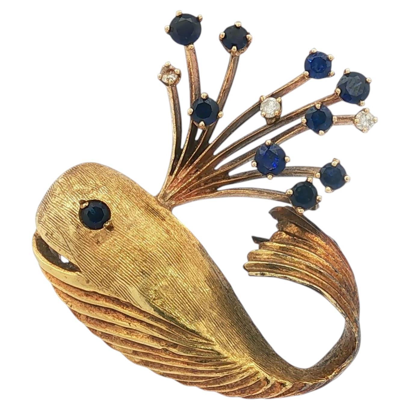 Vintage Rare 18K E. Pearl Whale Brooch with Sapphire and Diamond Spout For Sale
