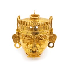 Vintage Rare 18K Yellow Gold Aztec Mayan God Head Brooch / Pin Pendant