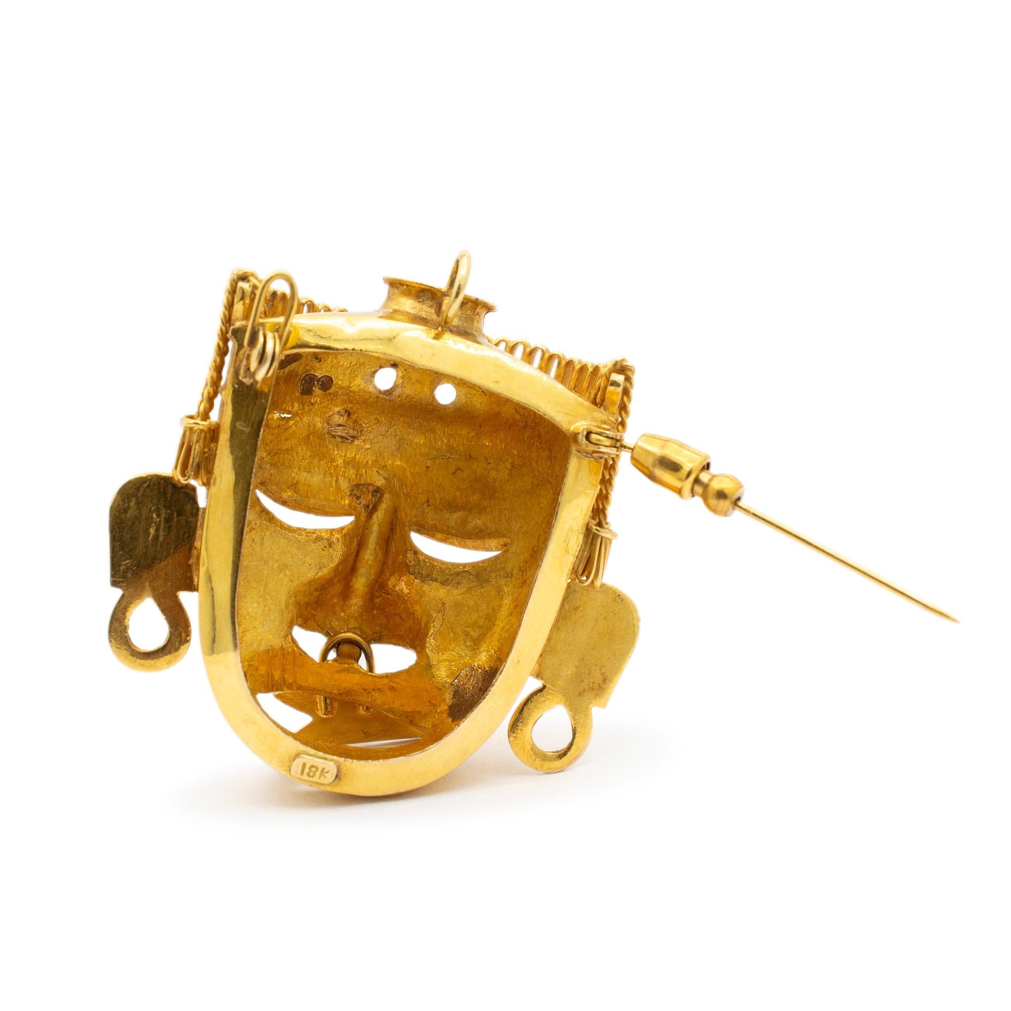 Women's or Men's Vintage Rare 18K Yellow Gold Aztec Mayan God Head Brooch / Pin Pendant