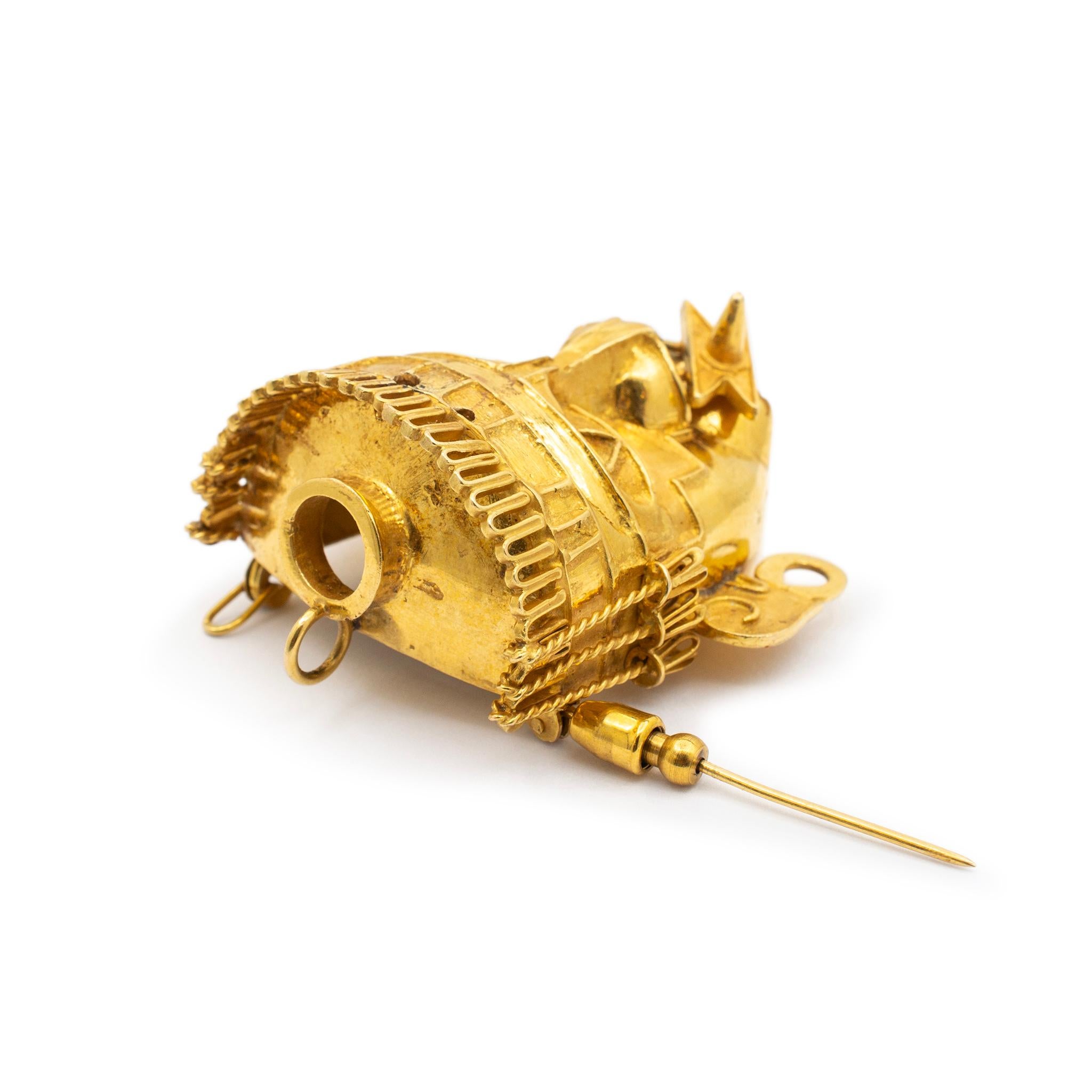 Vintage Rare 18K Yellow Gold Aztec Mayan God Head Brooch / Pin Pendant 1