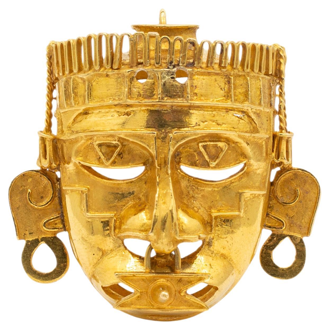 Vintage Rare 18K Yellow Gold Aztec Mayan God Head Brooch / Pin Pendant