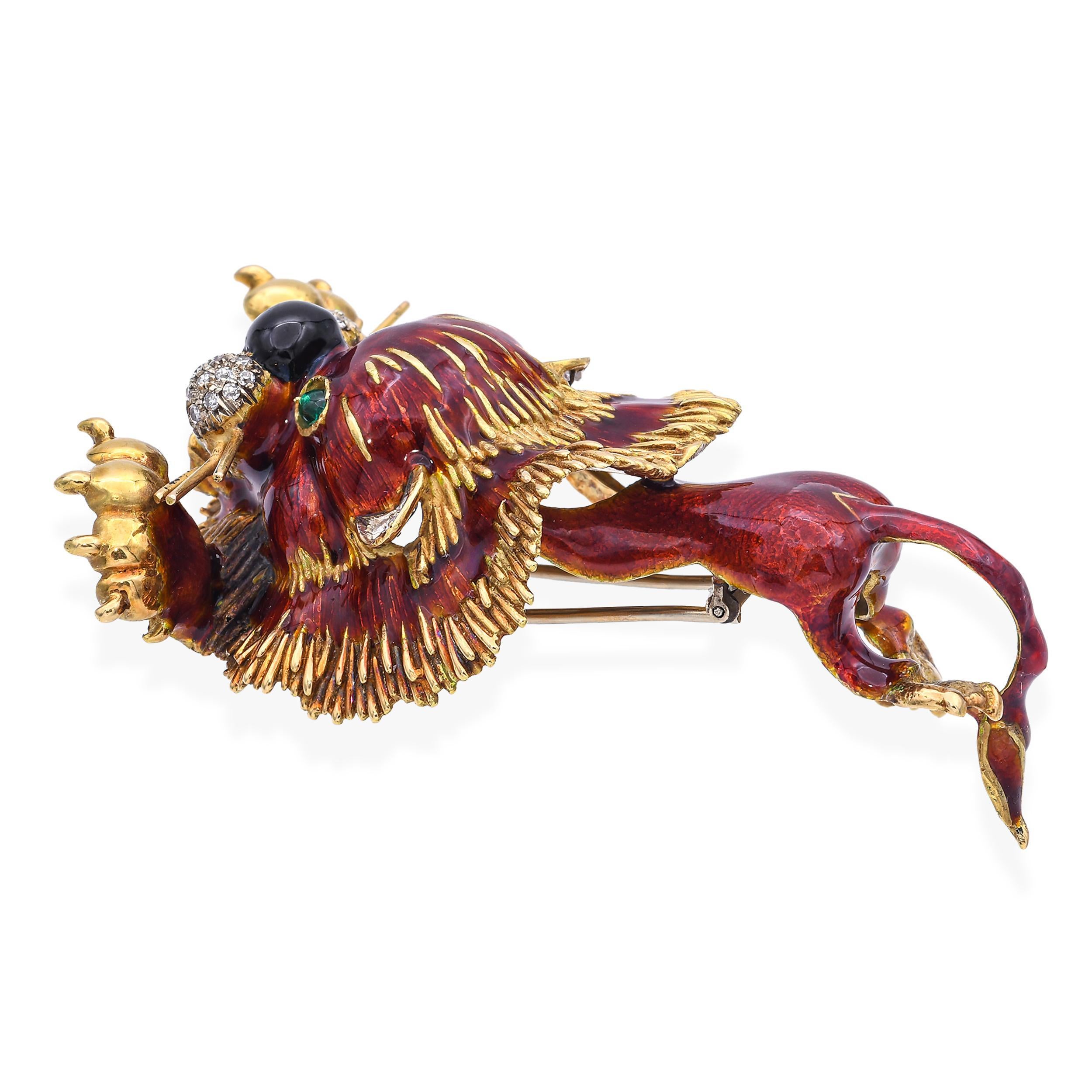 Vintage Rare or jaune 18k diamant et émail émeraude Lion Fourrure Clip Broche Pour femmes en vente