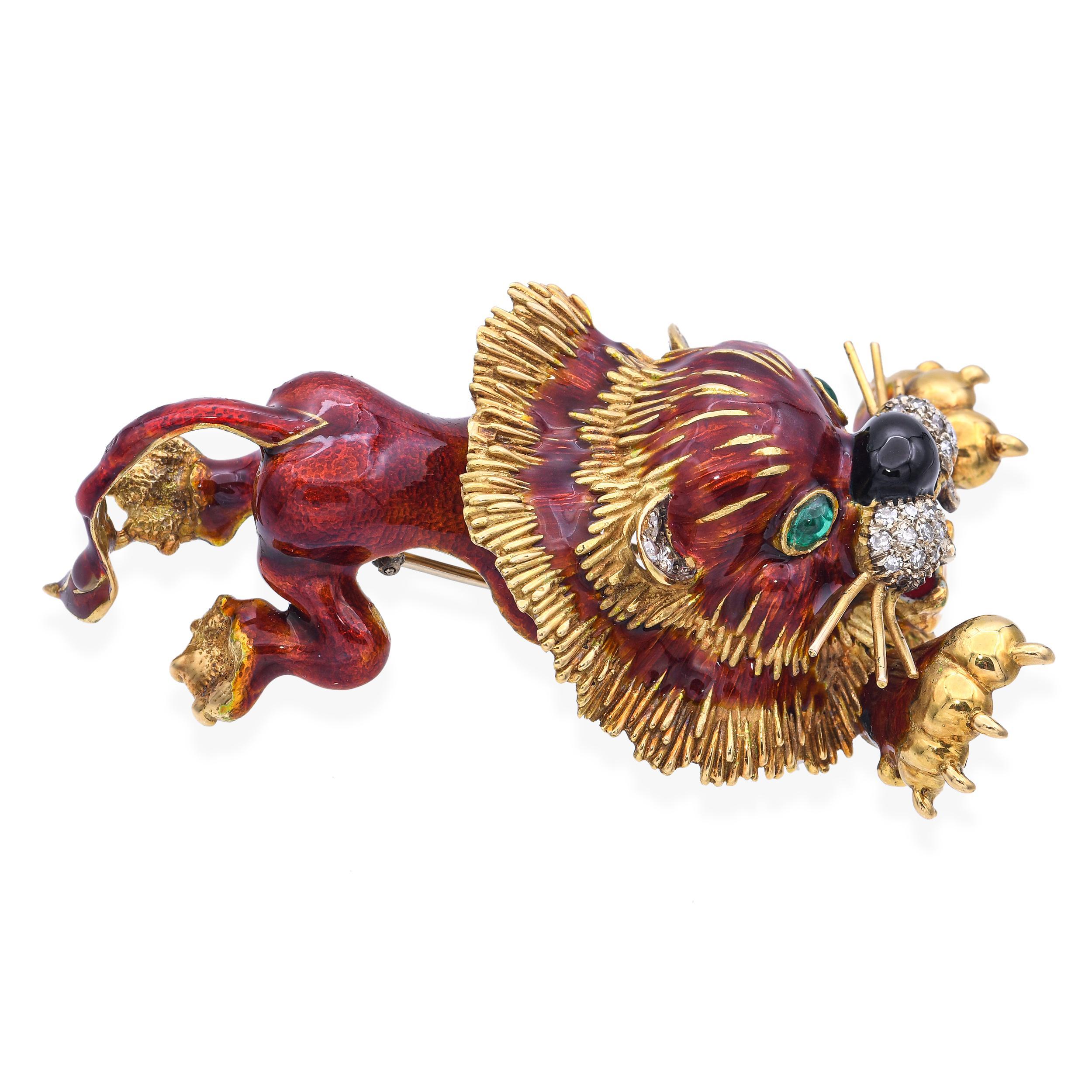 Vintage Rare or jaune 18k diamant et émail émeraude Lion Fourrure Clip Broche en vente 2