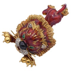 Vintage Rare or jaune 18k diamant et émail émeraude Lion Fourrure Clip Broche