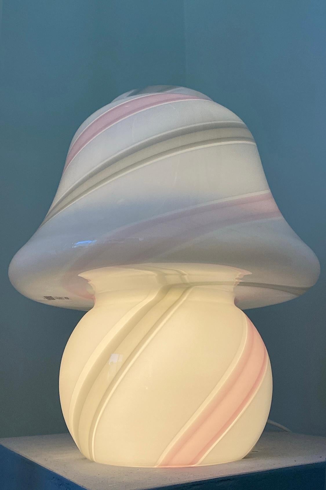 Vintage Rare 1970s Medium Murano White Pink Grey Swirl Mushroom Table Lamp For Sale 3