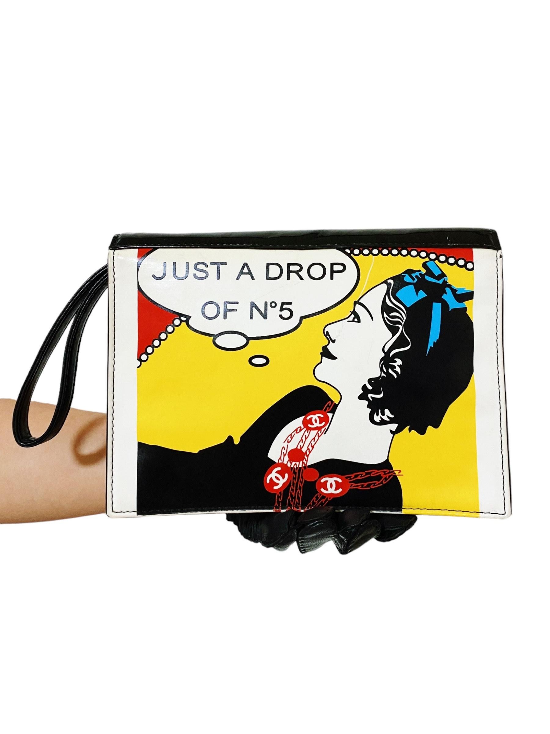 Iconic and extremely hard-to-find Chanel Mademoiselle Comic Clutch. One of the rarest vintage CHANEL purses that features CHANEL Mademoiselle portrait print saying 