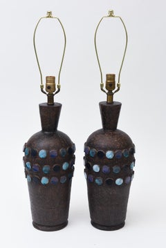 Vintage Rare Aldo Londi For Bitossi Ceramic Lamps With Applied Circle Dots Pair