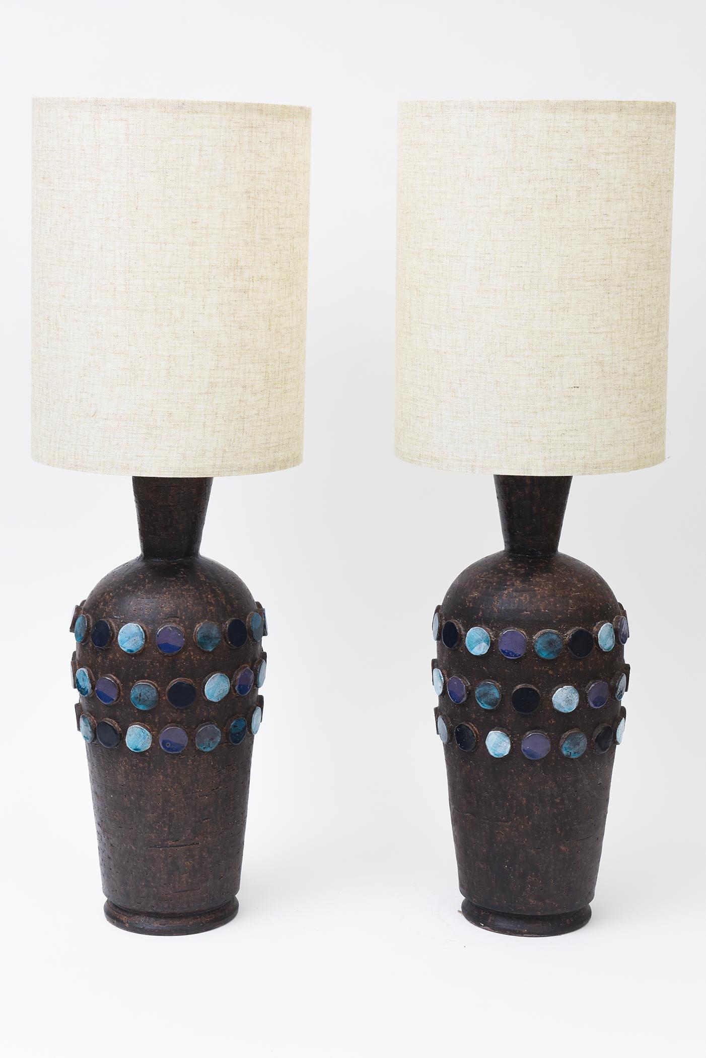 Vintage Rare Aldo Londi For Bitossi Ceramic Lamps With Applied Circle Dots Pair (Paire de lampes en céramique avec des points de cercle appliqués) en vente 2
