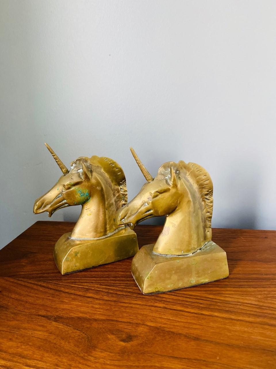 Vintage Rare Art Deco Brass Unicorn Sculpture Bookends 6